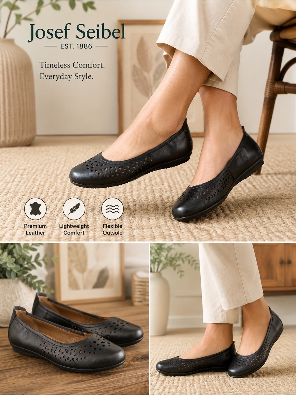 NIB Josef Seibel Pippa 29 Leather Flats Women's Size 38 Black Flexible US